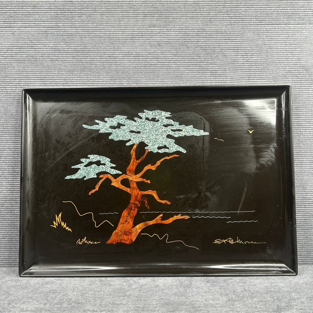Couroc Monterey Cypress Serving Tray Black Inlaid Wood Metal Vintage 1966 MCM